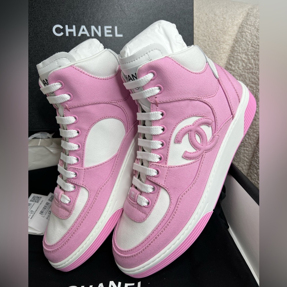 Chanel Pink and White High-Top Sneakers with CC Logo